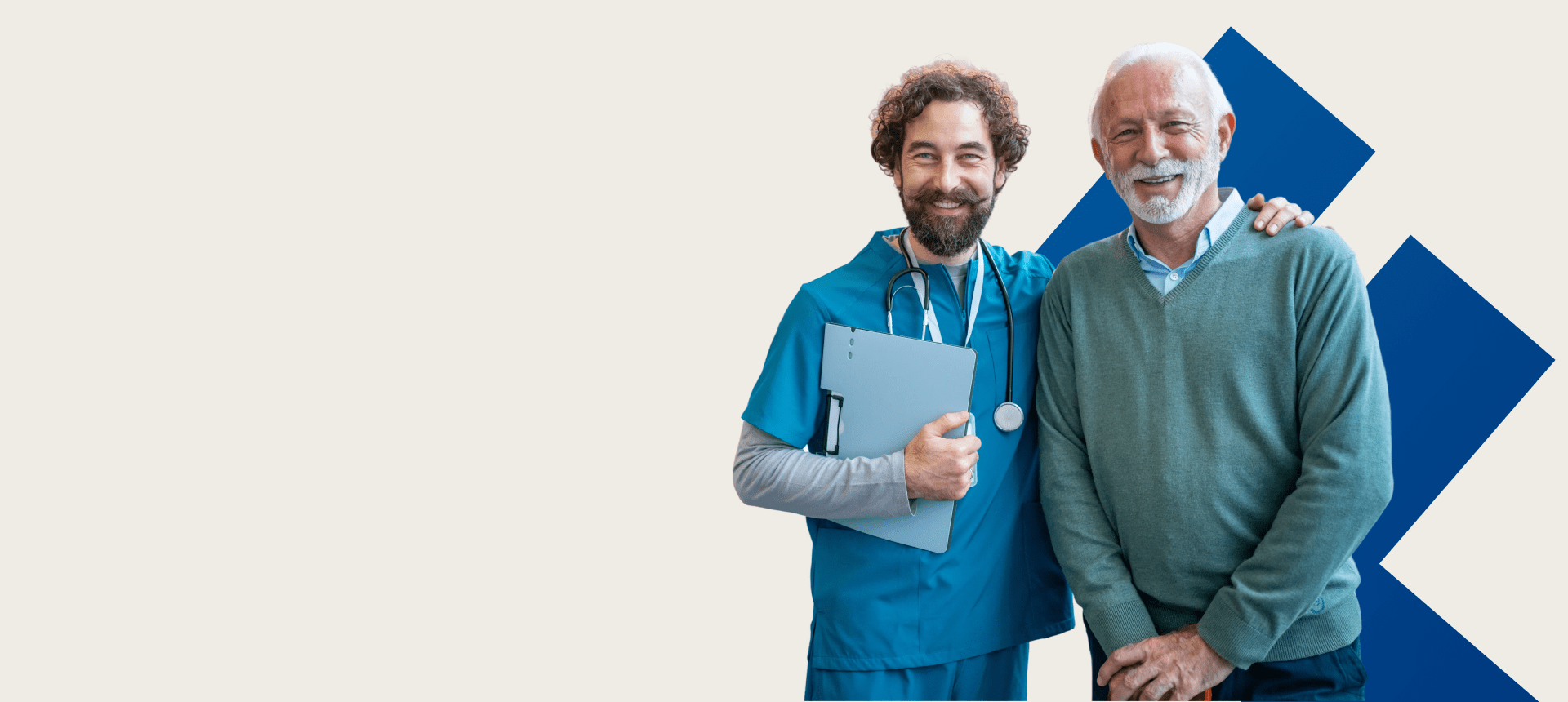 Doctor and patient smiling together, embracing warmly.